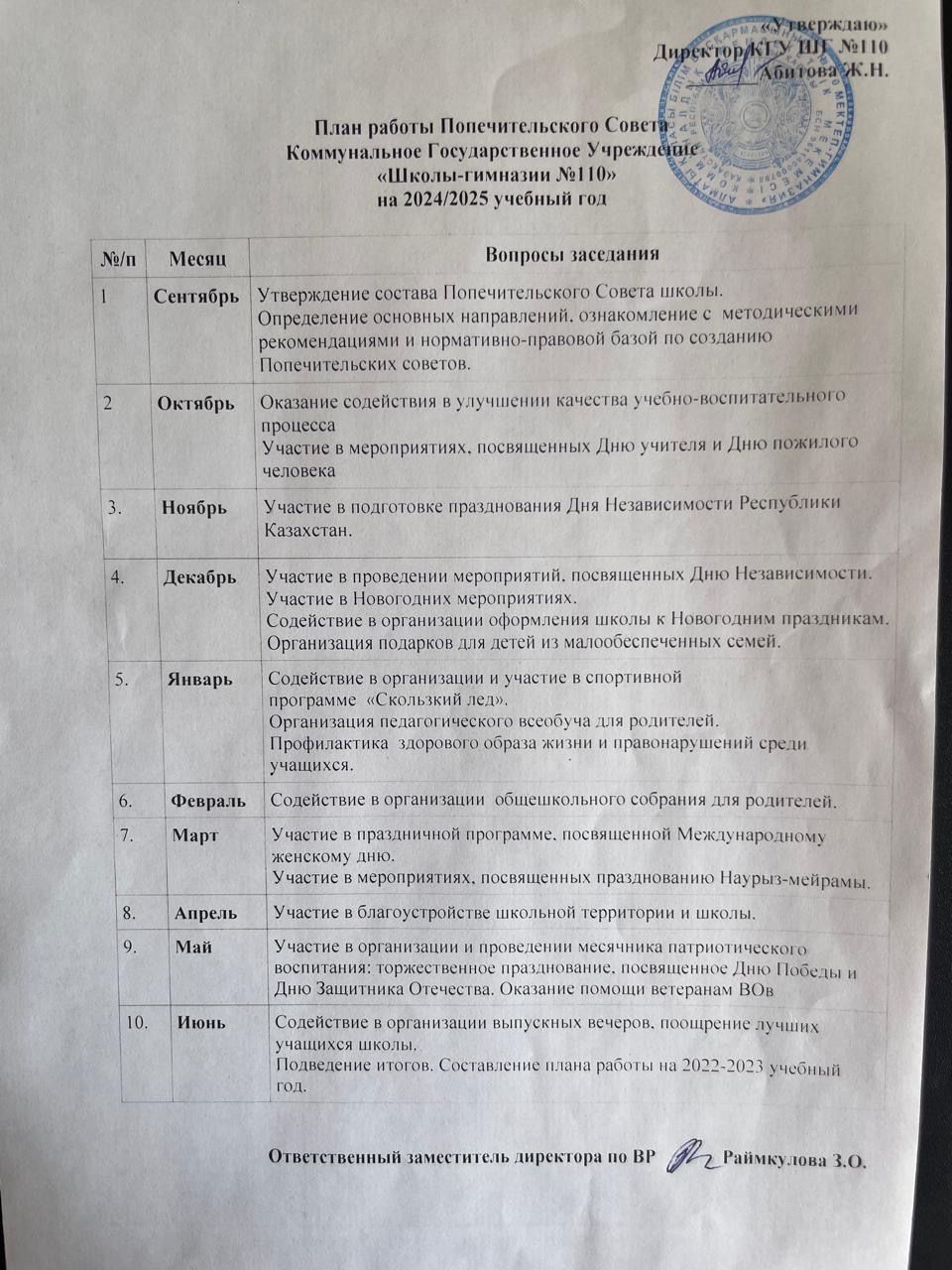 План работы Попечительского совета