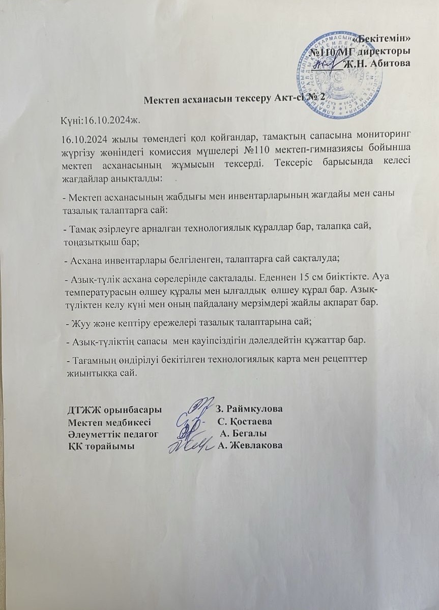 Мектеп асханасын тексеру актісі