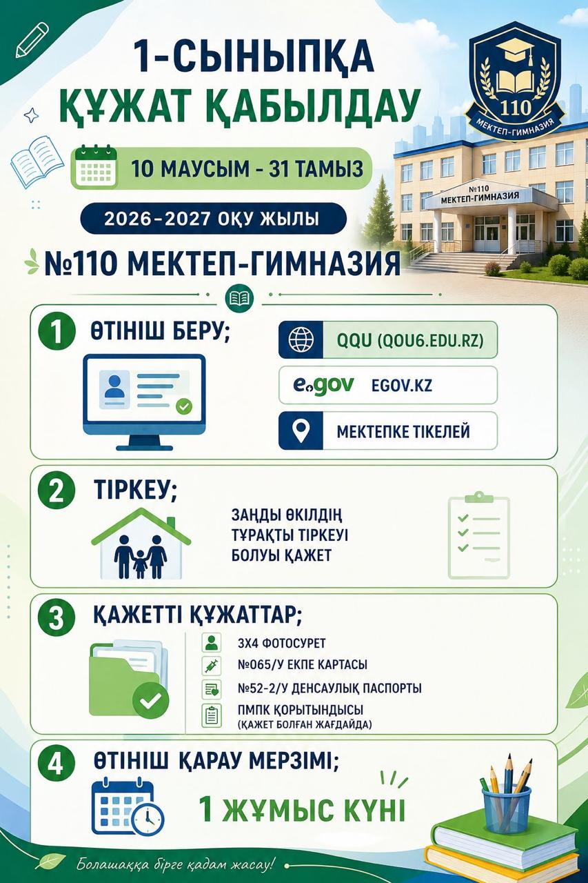 2026–2027 оқу жылына 1-сыныпқа құжат қабылдау басталды!